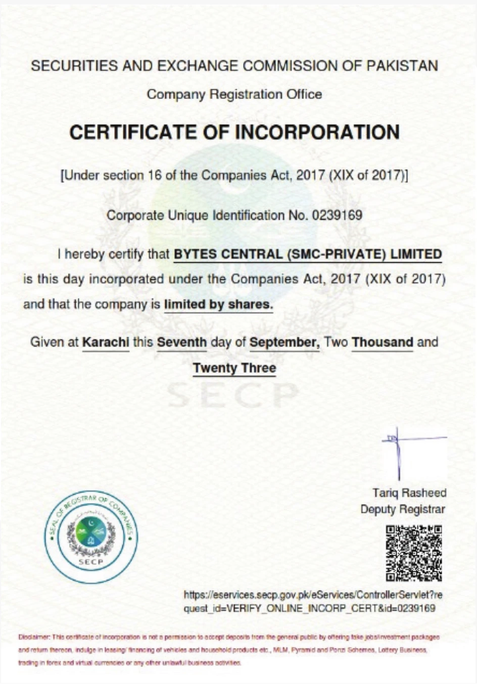 SECP certificate of incorporation for Bytes Central (SMC-Private) Limited