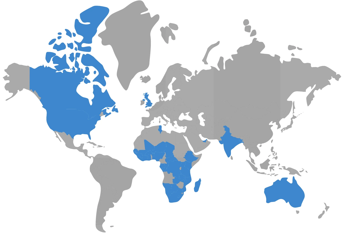 World map highlighting client regions: UK, USA, Canada, India, Bangladesh, UAE, Africa and Australia